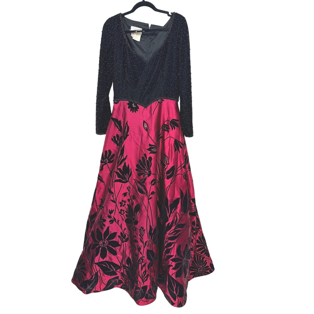 Victoria Royal Vintage Beaded Floral Velvet Gown Pink Black Long Sleeve Sz 10